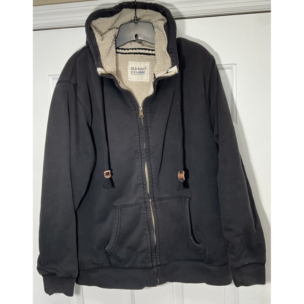 Y2K Old Navy Black Sherpa Full Zip Heavyweight Hoodie Sweatshirt Jacket Men's XL